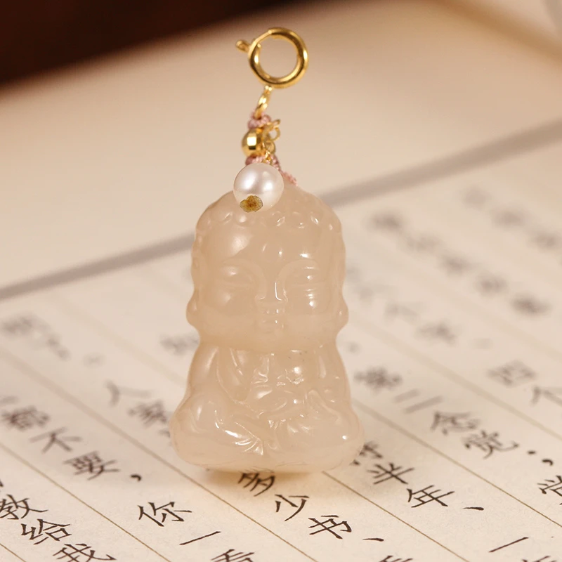 【叶叶珠宝】642 和田玉藕粉宝宝药师佛18k金挂件吊坠 22*14*10.8mm