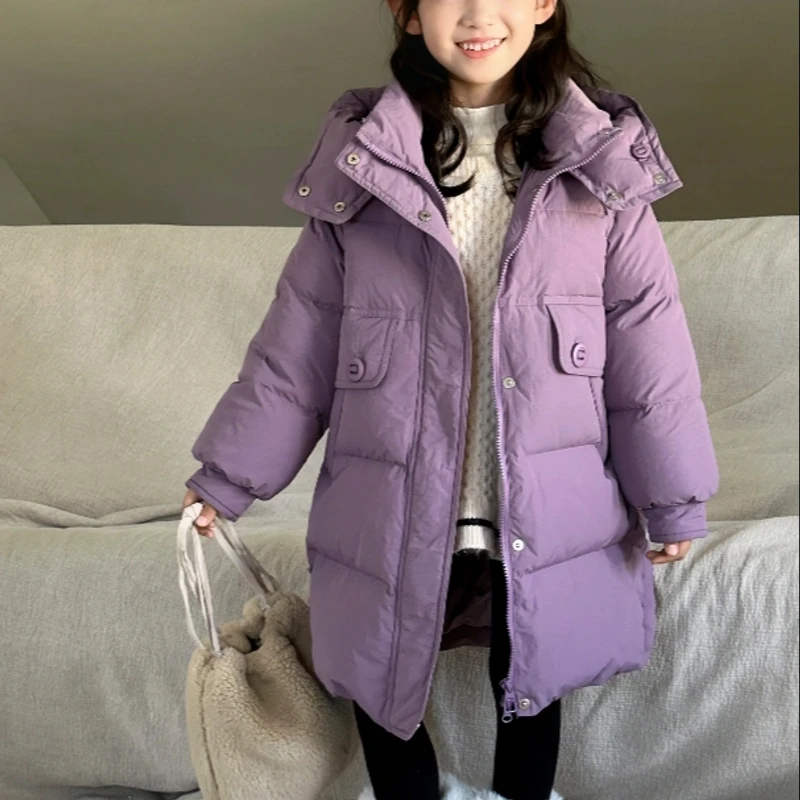 2024新款儿童连帽羽绒服中长款韩版百搭气质秋冬外套男女童冬装