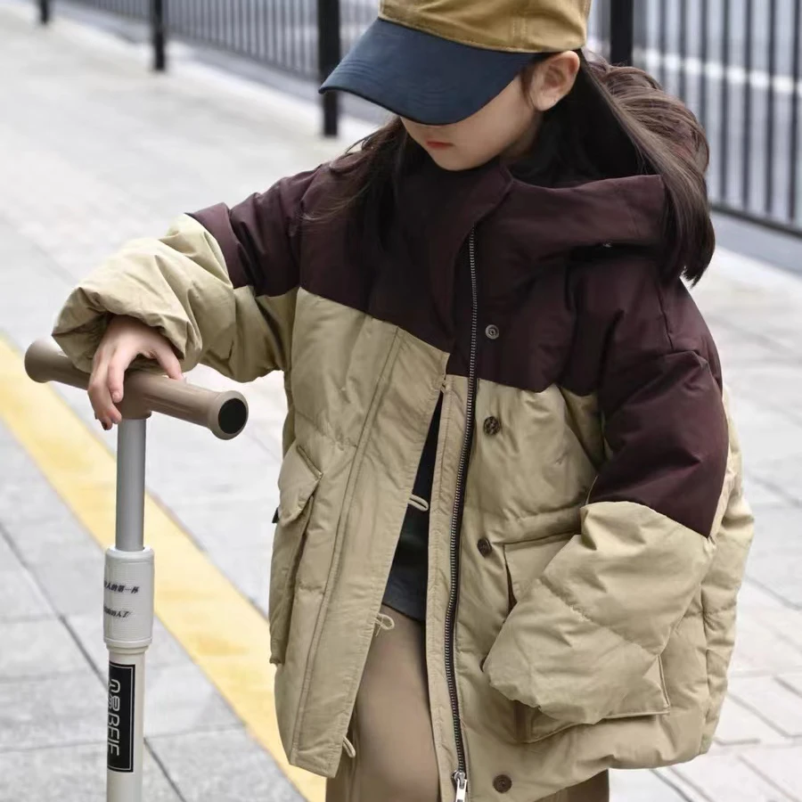 8900儿童羽绒服宽松韩版拼色外套男童女童中大童冬装连帽休闲童装