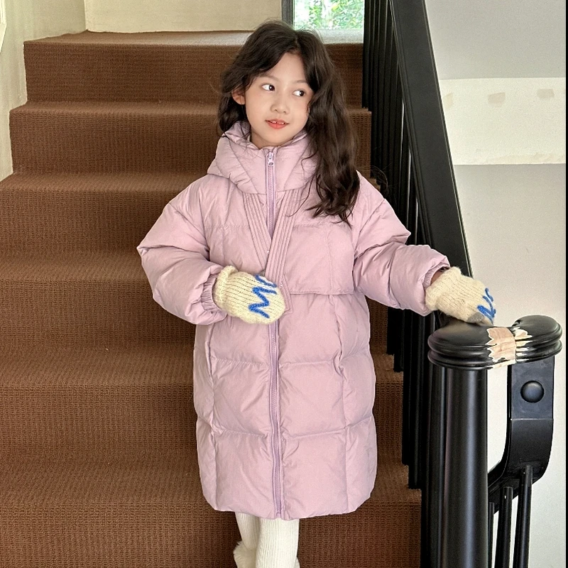 8893儿童羽绒服连帽中长款飘带韩版保暖百搭2024新款冬装外套潮