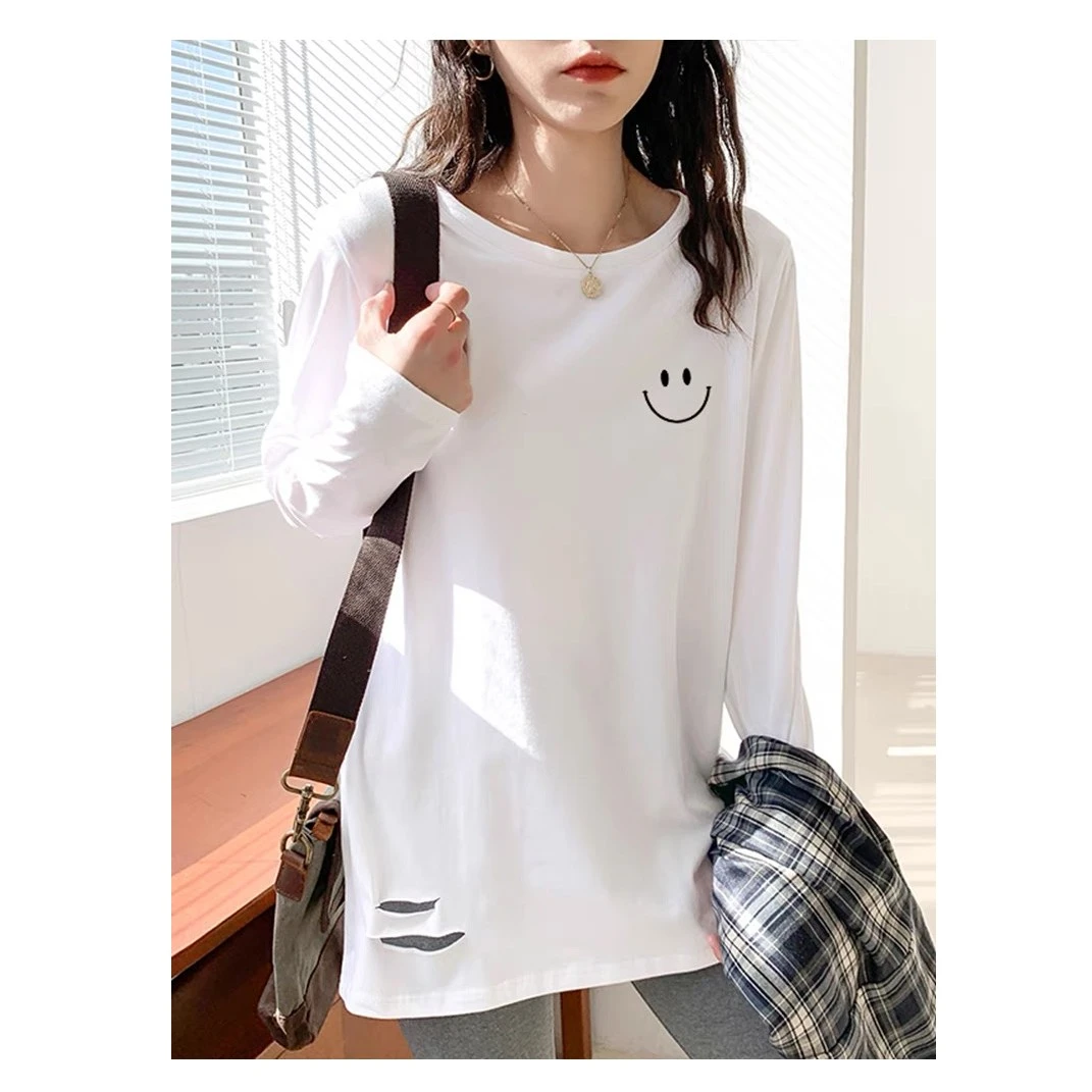 2025年新款笑脸磨毛时尚大白T恤春秋刺绣百搭宽松显瘦打底衫韩版