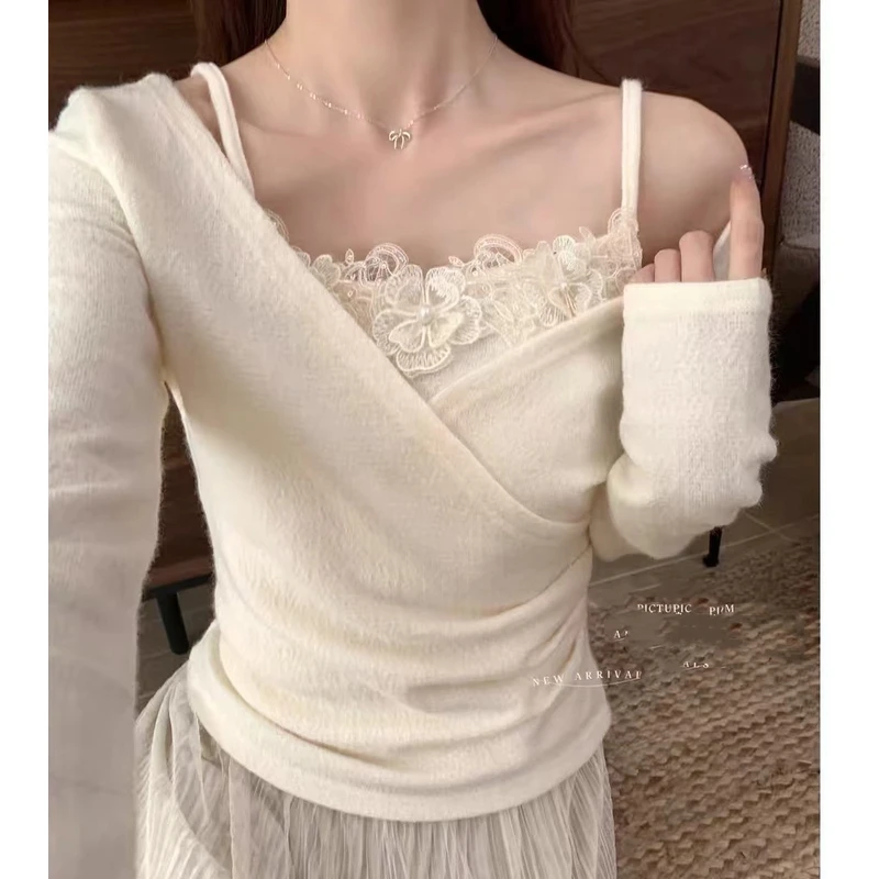 气质辣妹设计感蕾丝拼接交叉V领立体花朵假两件T恤内搭打底衫女秋