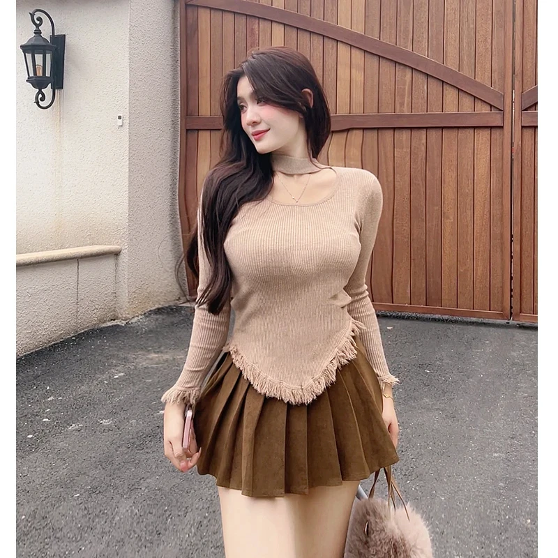 性感纯欲不规则打底衫女t恤长袖秋冬新款设计独特流苏绝美小上衣