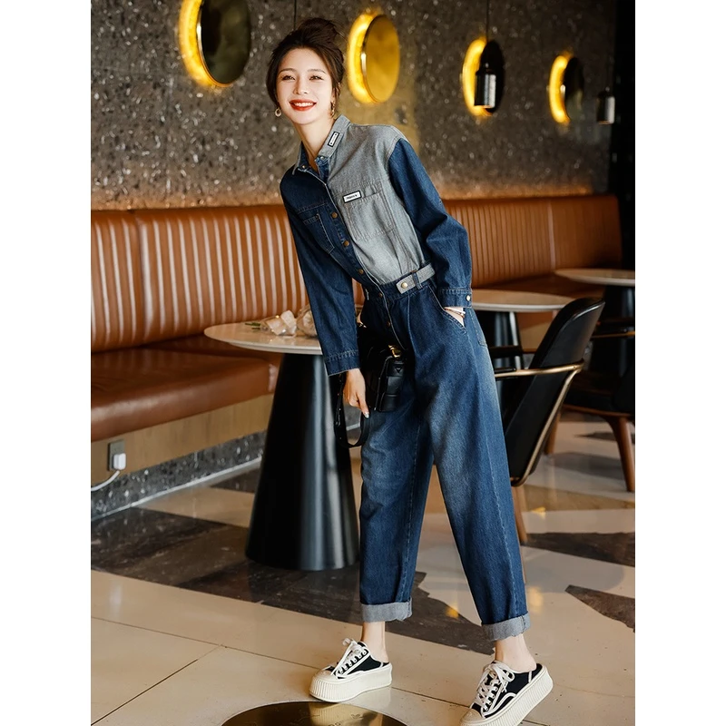 网红小个子牛仔连体裤女2024春秋新款宽松减龄显瘦复古阔腿连衣裤