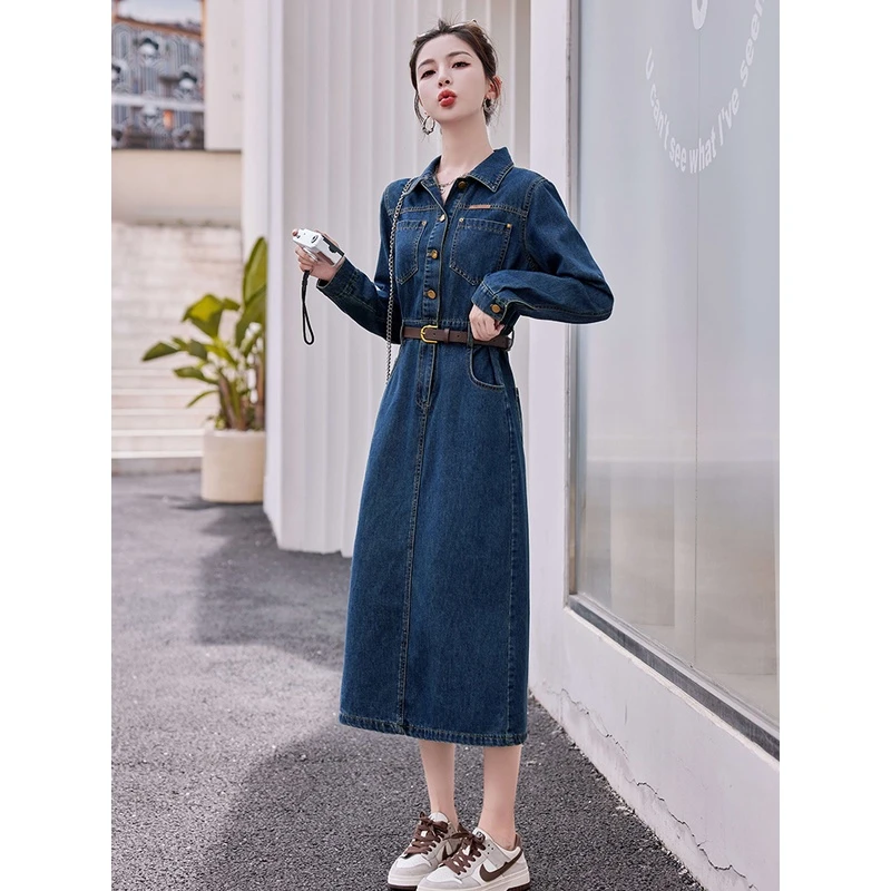 高档不变形牛仔连衣裙女2023秋装新款设计感遮肚显瘦气质衬衫长裙