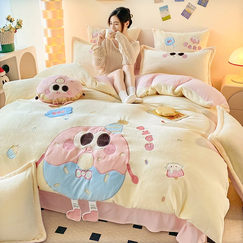 冬天加厚牛奶绒床上四件套双面珊瑚绒被套法兰绒加绒床单床上用品