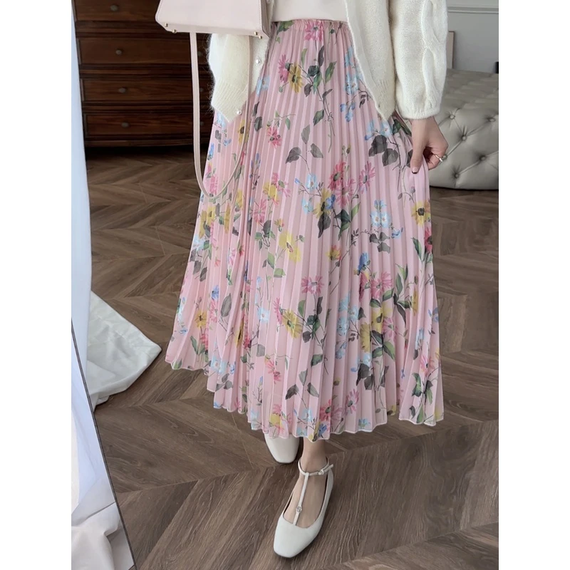 张涩涩25Spring 浪漫花海 独家印花 量感压褶A字大摆风琴褶半身裙