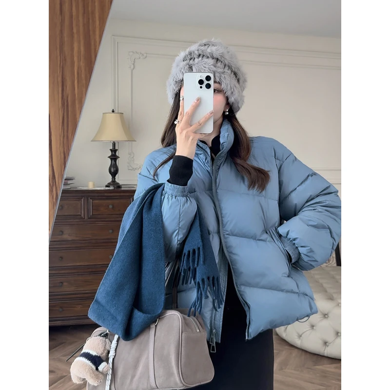 张涩涩YIER“泡芙4.0”系列 升级6防90白鸭绒 立领短款蓝色羽绒服女