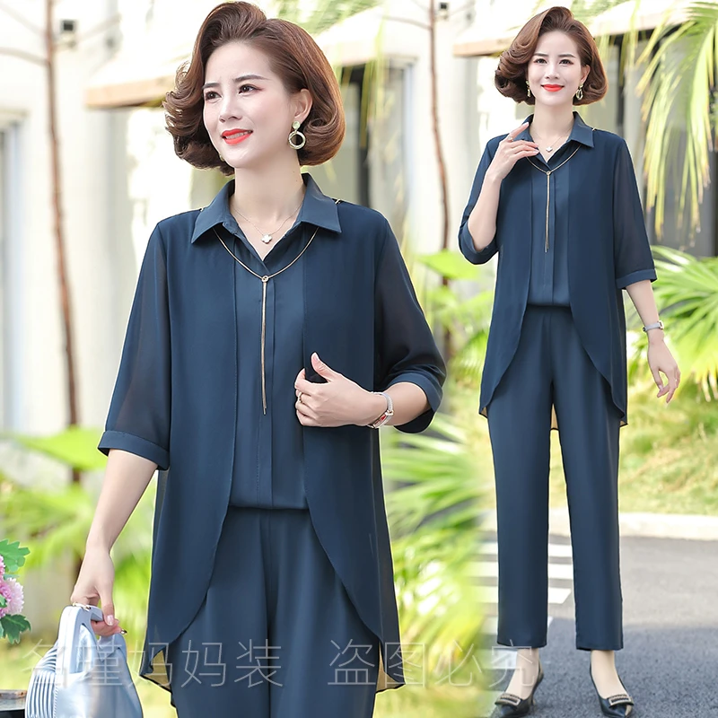 XL-5XL 2023新款妈妈春夏时尚休闲套装中年小衫上衣女洋气 aa1398