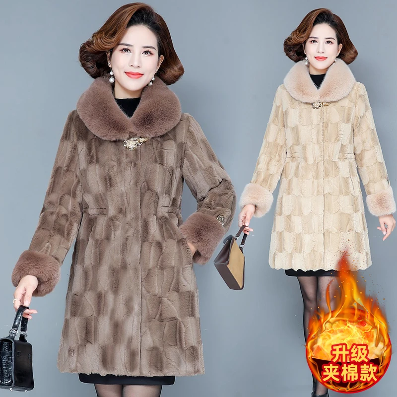 XL-5XL 中年妈妈外套水欧绒皮毛一体加厚高档气质外套大衣 a9998