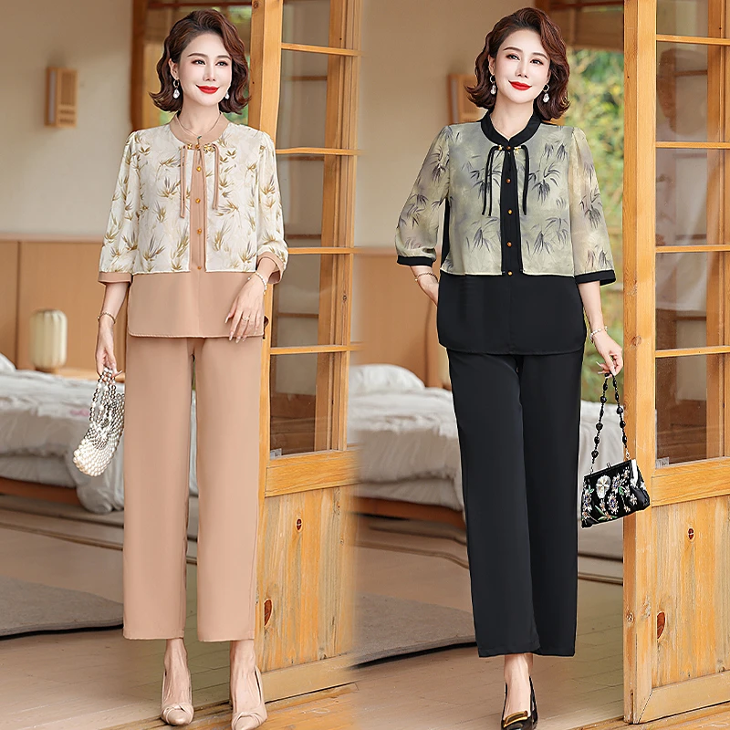 XL-5XL 气质妈妈夏装国风小衫套装洋气上衣中老年女两件套aa3928