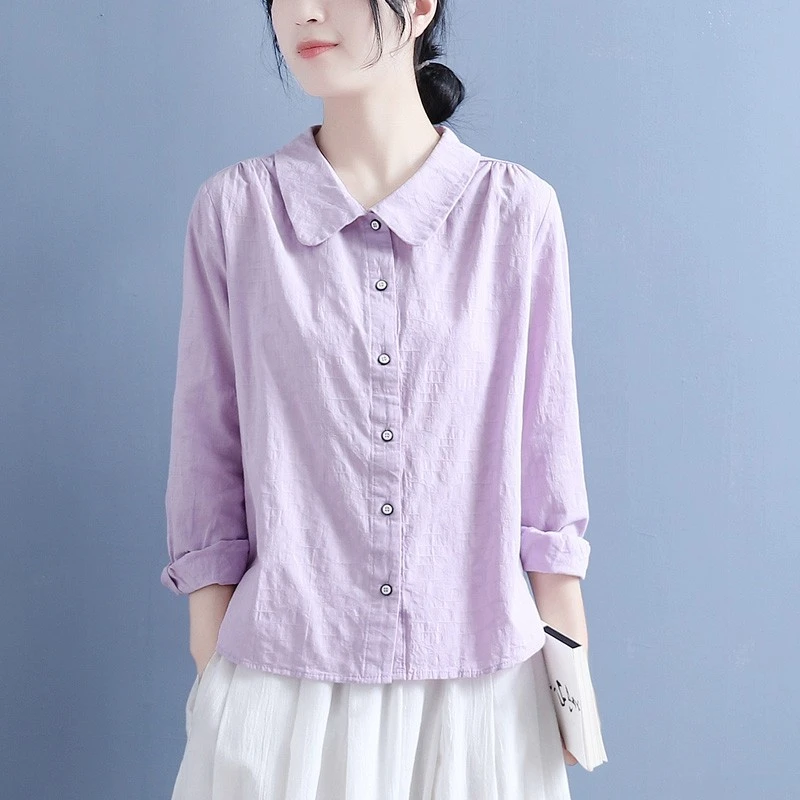 棉麻衬衫女春秋中国风娃娃领黑白扣提花休闲宽松长袖棉麻上衣女