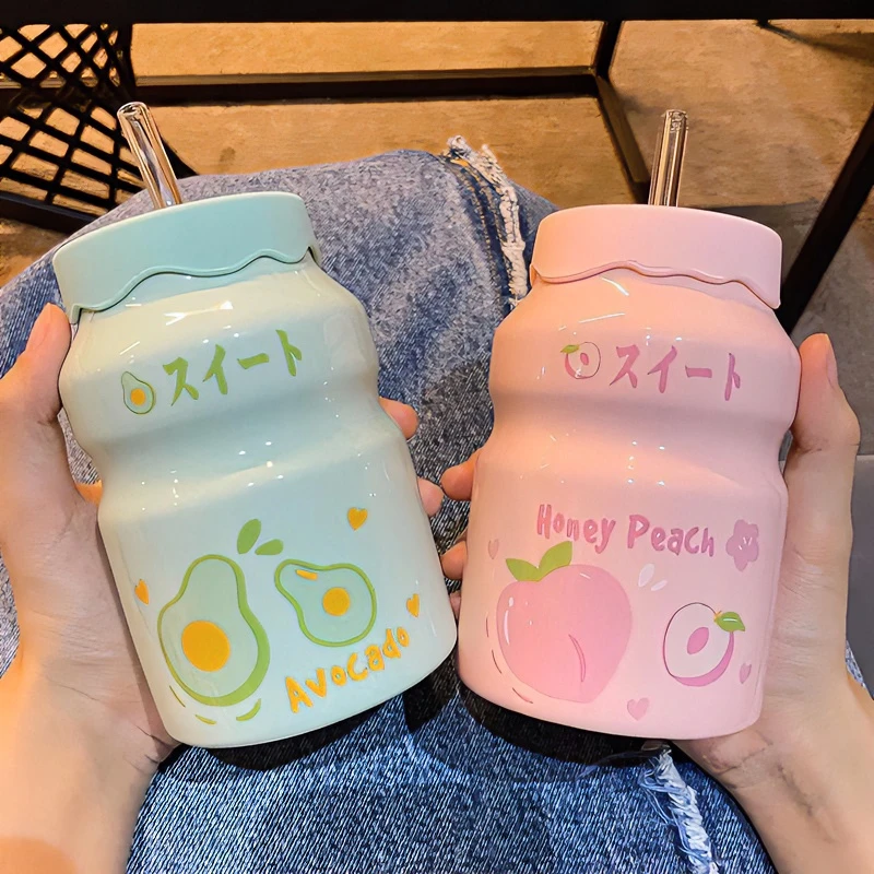卡通吸管杯大容量陶瓷水杯益力多马克杯带盖高颜值可爱ins杯子
