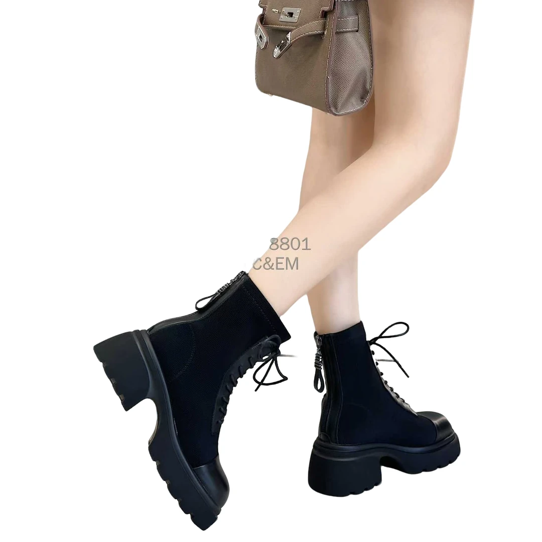 圆头飞织马丁靴2024秋季韩版粗跟系带小短靴气质女瘦瘦靴