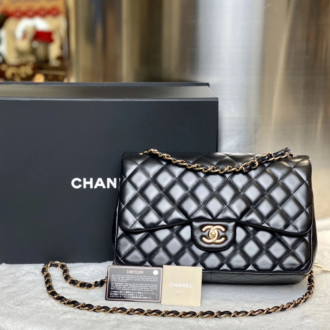99新 Chanel/香奈儿 甄宝98新黑金大号CF口盖包单肩手提4274