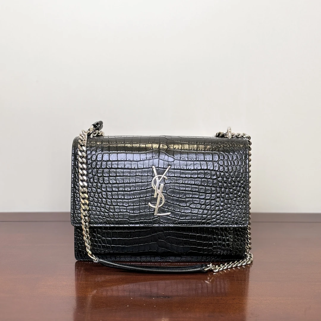 99新 YSL/圣罗兰 甄宝98新日落黑银链条包单肩斜跨包9678