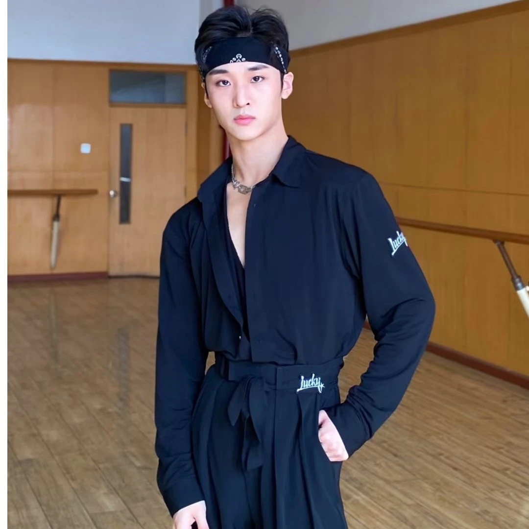 LUCKY夏季舞服拉丁男生上衣长袖练功服腰带时尚休闲百搭花苞裤