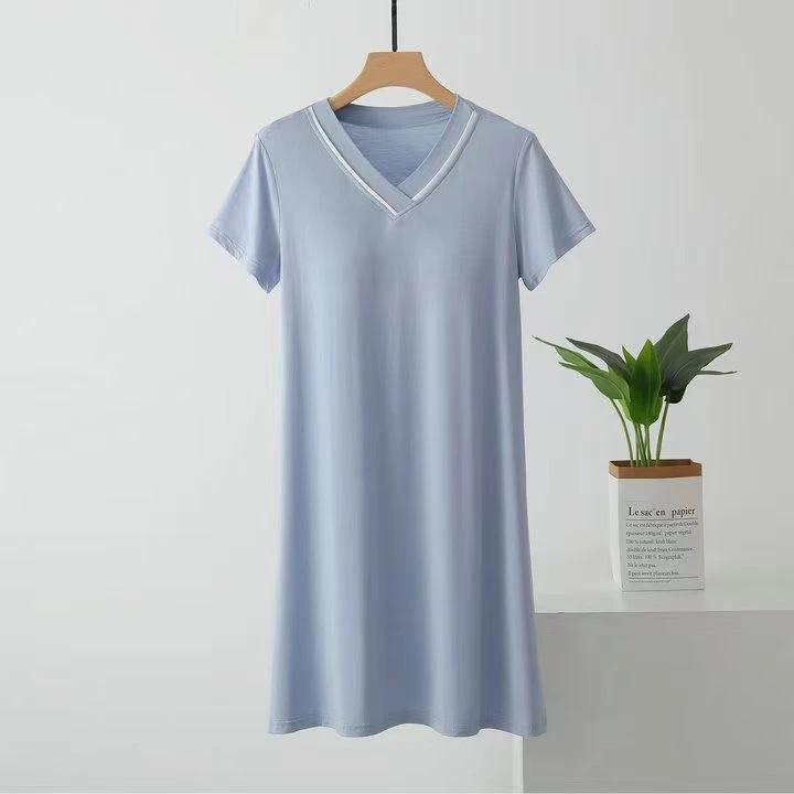 带胸垫莫代尔睡裙女夏薄款睡衣免文胸宽松大码短袖V领中长家居服