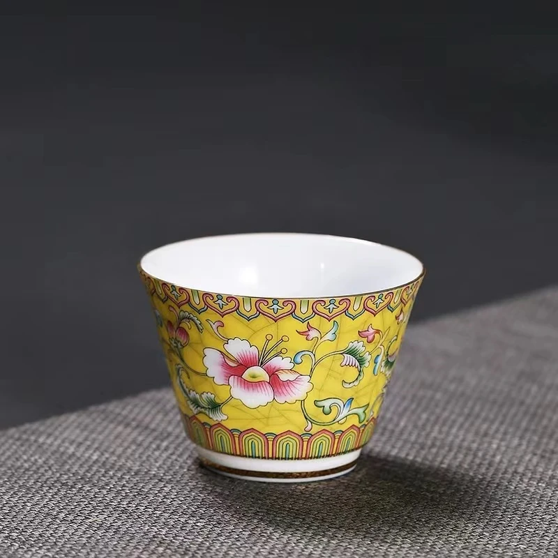 弘珹臻选 珐琅彩黄色缠枝莲茶杯个人专用杯品茗杯陶瓷茶具茶盏杯