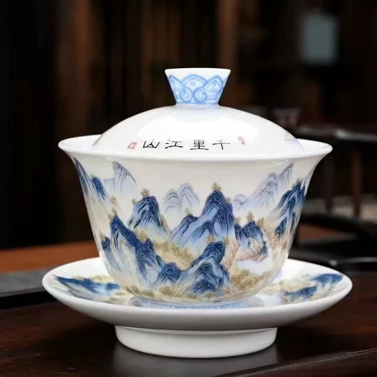 弘珹臻选 白瓷千里江山盖碗三才盖碗泡茶碗个人专用碗