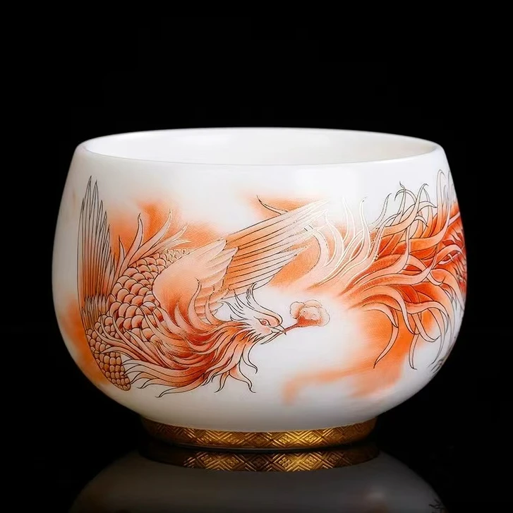 弘珹臻选 羊脂玉彩凤个人专用杯品茗杯陶瓷茶具茶盏杯