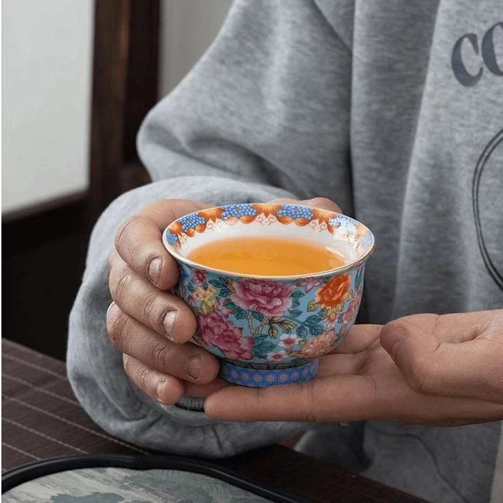 弘珹臻选 珐琅彩万花蓝主人杯陶瓷茶杯个人专用单杯陶瓷茶具