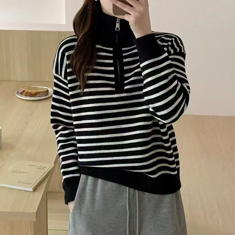 拉链半开翻领宽松条纹针织衫女秋冬爆款设计感加厚内搭宽松上衣