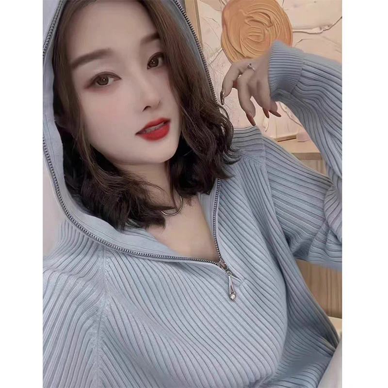 蓝卡缇春秋爆款长袖连帽拉链针织毛衣秋季套头百搭显瘦卫衣上衣