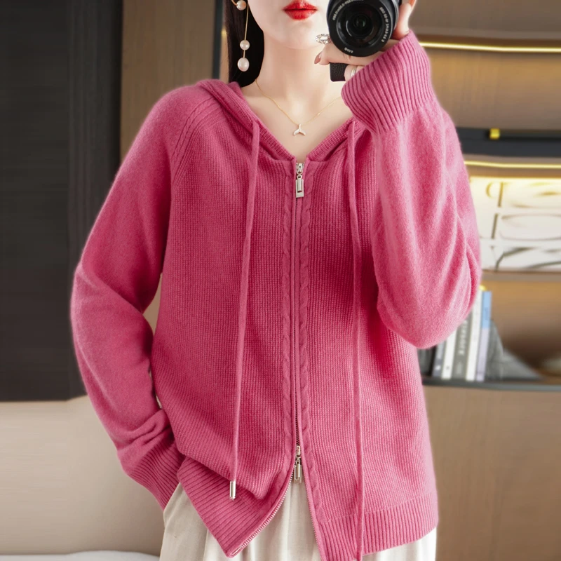 连帽针织开衫女秋冬新款双拉链带帽毛衣外套宽松百搭大码加厚上衣