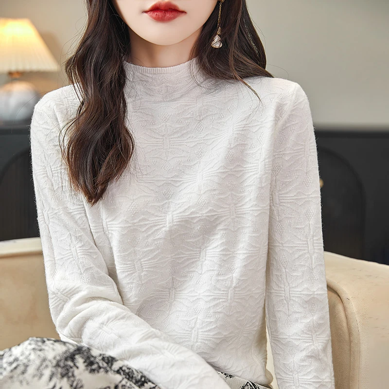 洋气蝴蝶纹半高领羊毛针织衫女秋冬毛衣长袖宽松显瘦内搭中领打底