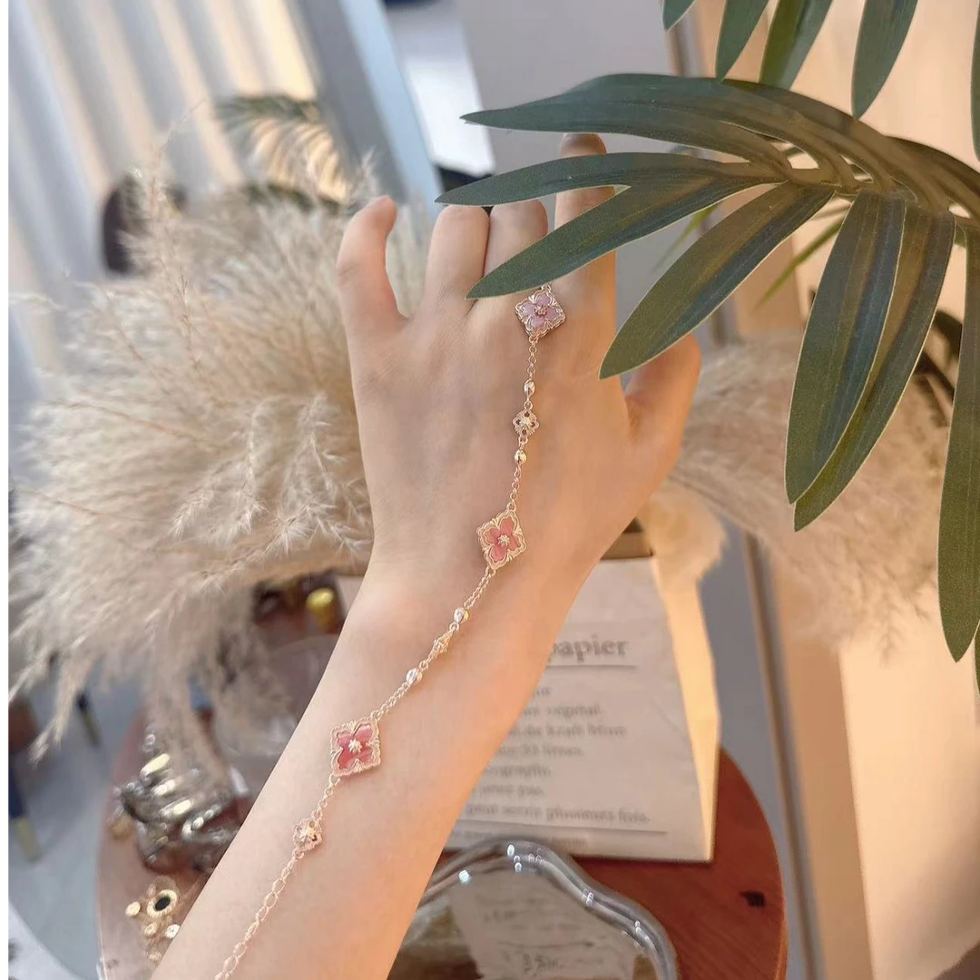 铜合金贝壳手链 粉色幸运四叶花手工气质轻奢时尚少女复古16+7cm