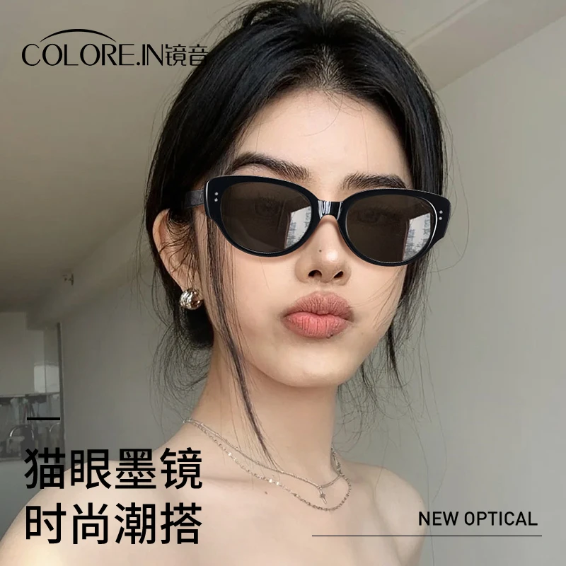 colorein黑框墨镜女高级感复古猫眼太阳眼镜窄框2025新款椭圆海边