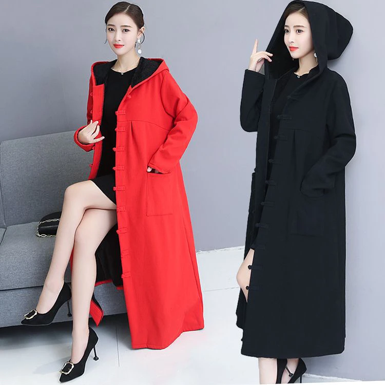 棉麻加绒加厚女巫盘扣禅意袍子宽大带帽长袖加长款斗篷风衣外套女