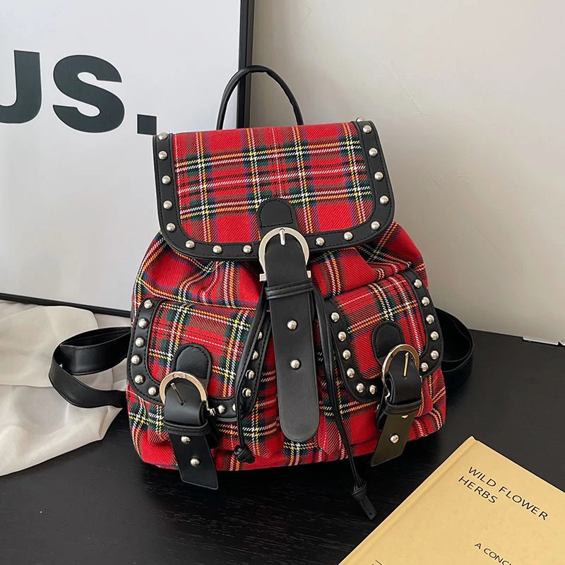 贝尔原创小众复古甜酷辣妹英伦风红色格子手提背包女废土风双肩包