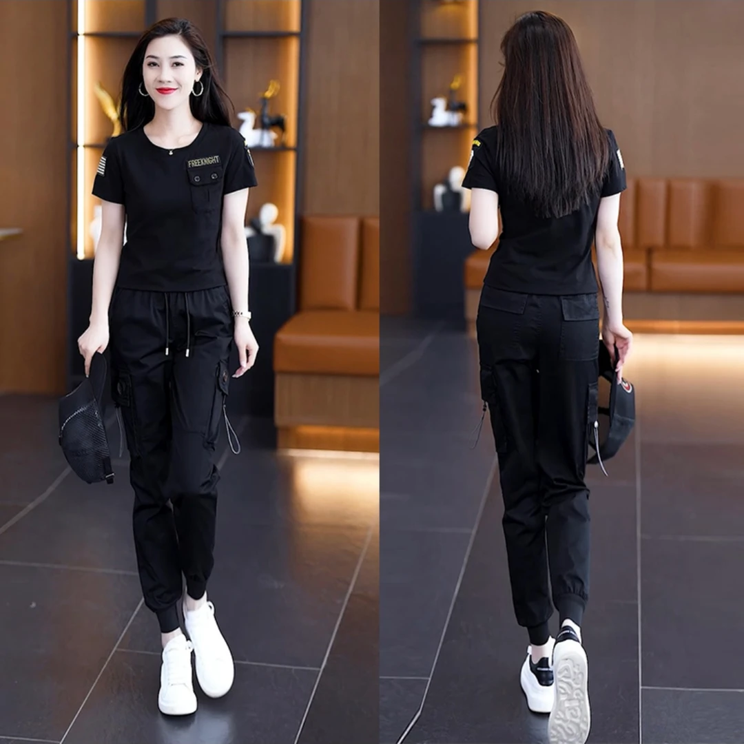 休闲套装女时尚夏季显瘦高腰工装大码黑色百搭宽松洋气减龄两件套
