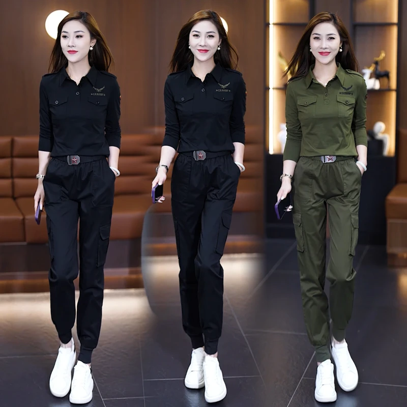 工装套装女春秋新款时尚翻领长袖高腰束脚裤长裤休闲女士两件套潮