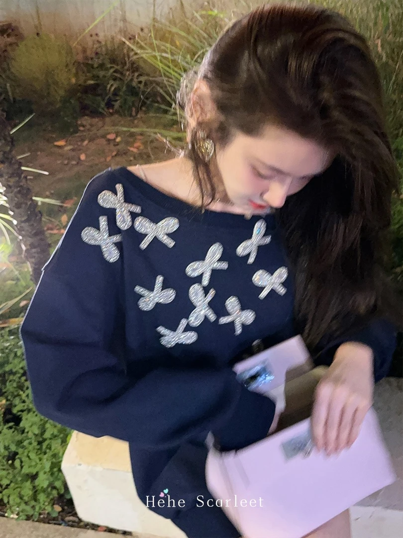 你的呵呵｜细节聚焦手缝钻饰蝴蝶结一字领卫衣长袖上衣