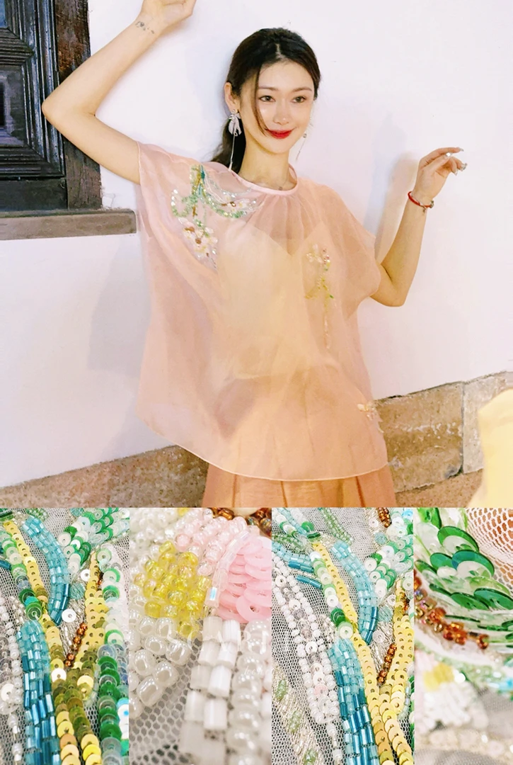 你的呵呵 100%花萝桑蚕丝欧根缎筋骨感新中式国风防晒上衣