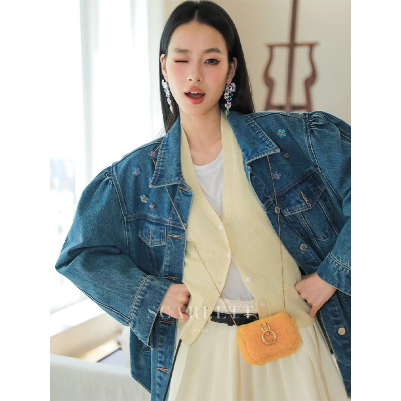 你的呵呵 风迎蓝岛 公主肩泡泡袖钉珠立裁设计复古蓝牛仔挺阔外套