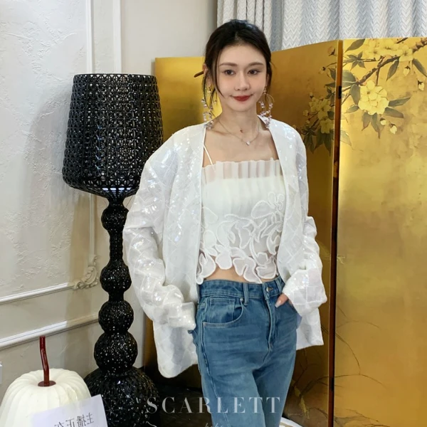 【4月】你的呵呵 短款褶皱蕾丝百搭纯色盘花衫立体吊带