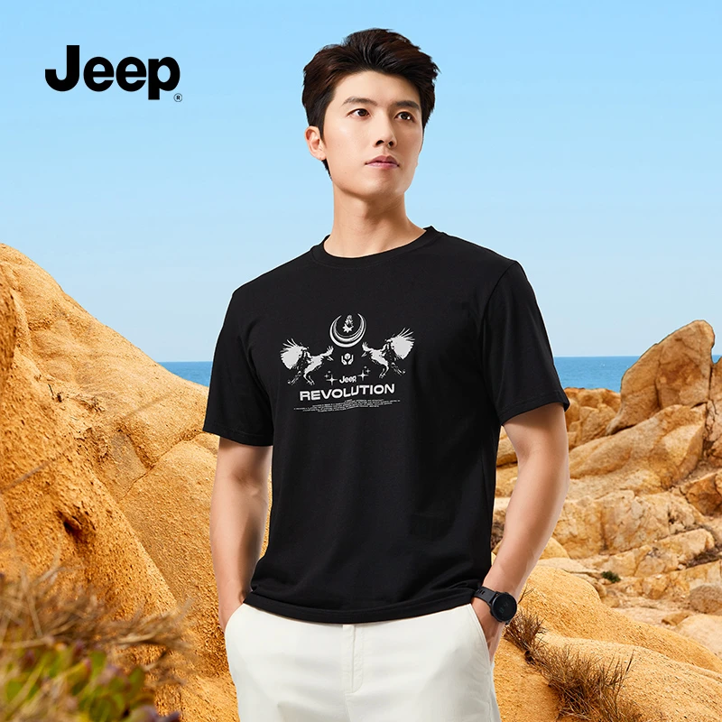 JEEP吉普夏季都市潮流男士短袖印花透气舒适舒爽简约休闲圆领T恤