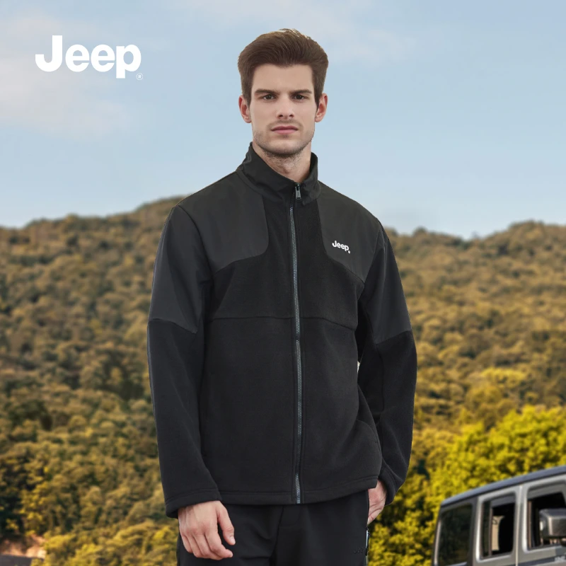 JEEP吉普加绒新潮男装户外风衣秋冬抓绒防风保暖立领夹克风衣外套