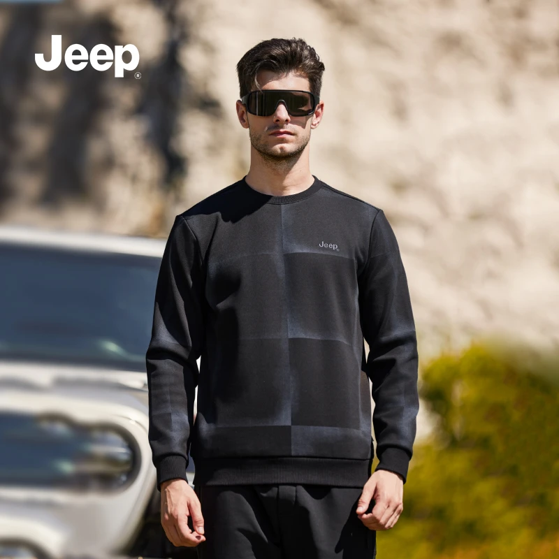 JEEP吉普新潮男装春季新款长袖休闲百搭加绒纯色简约圆领男士卫衣