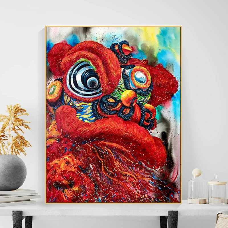 中国醒狮 DIY数字油画手工上色客厅装饰画丙烯油彩画简单填色挂画