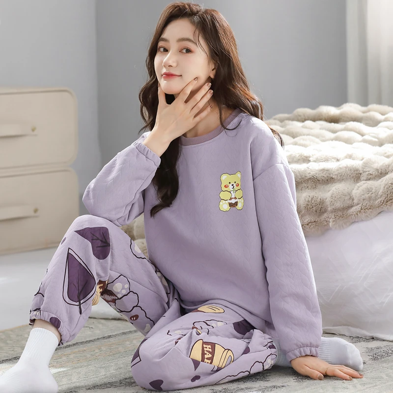 空气夹棉加厚睡衣女冬季2025新款女士长袖套装夹层秋冬保暖家居服