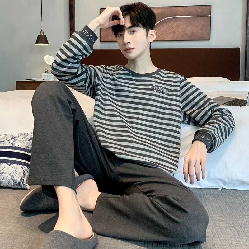 男士睡衣春秋季高档棉质韩版长袖套装青少年男款秋冬可外穿家居服