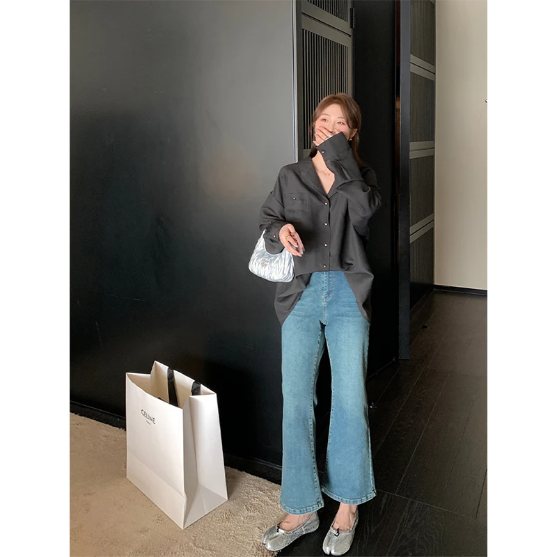 2024秋季新款女士高腰显瘦复古修身时尚百搭小众牛仔裤九分微喇裤