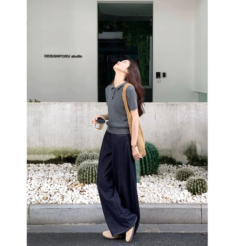 2025夏季穿搭套装气质简约百搭翻领针织短袖上衣高腰牛仔阔腿裤