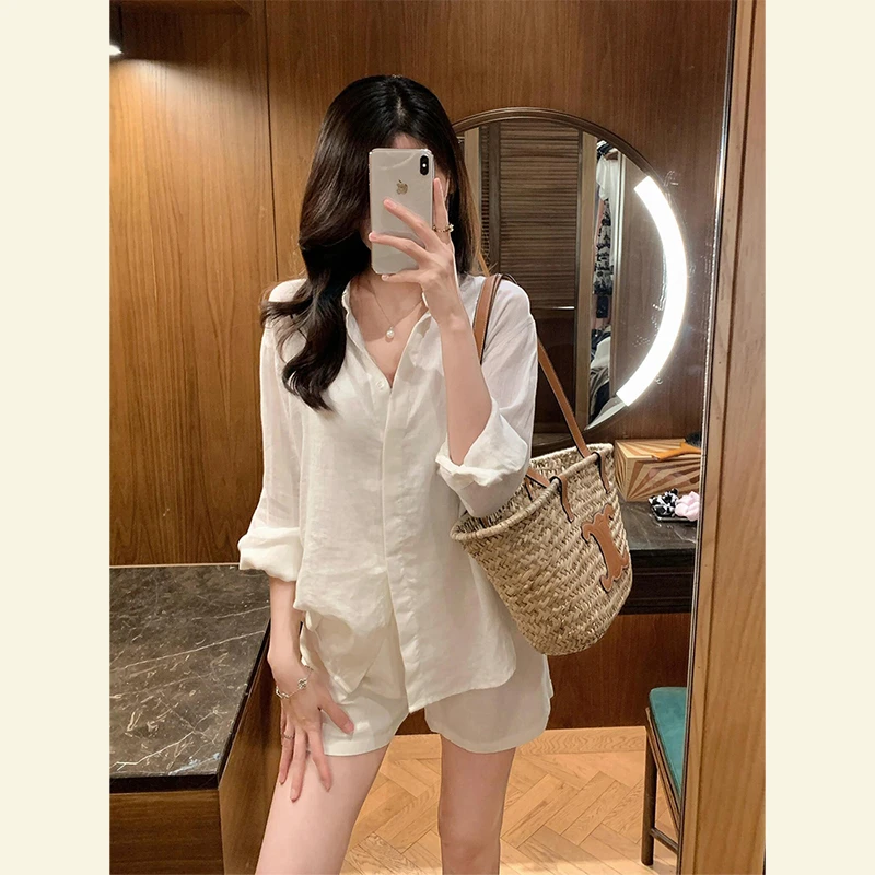 2025时尚套装女士夏季气质翻领休闲长袖衬衫显瘦百搭短裤两件套