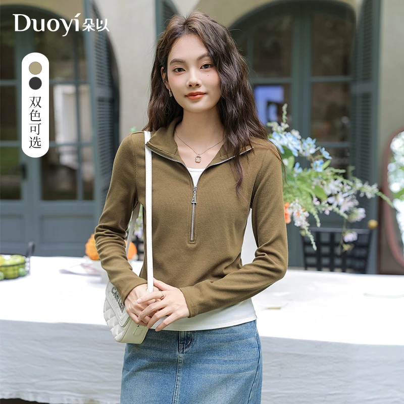 朵以2024秋季新款假两件撞色半拉链正肩收腰显瘦长袖38DQ318051